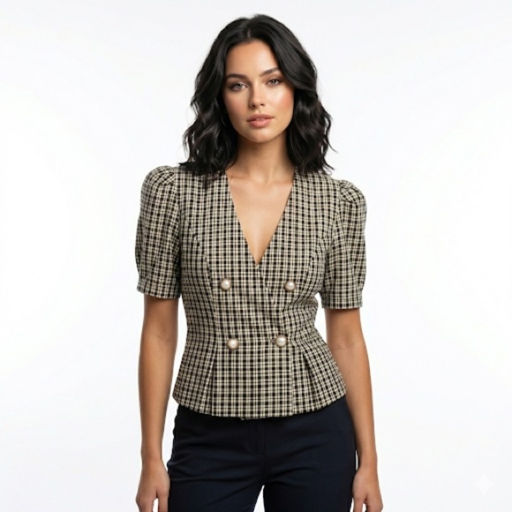 Good Times Women’s Vintage Plaid Peplum Blouse Medium
